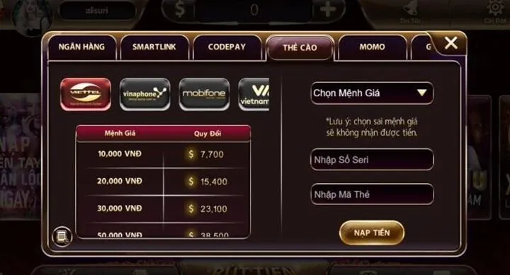 Hướng dẫn nạp tiền game Tiến Lên Miền Nam